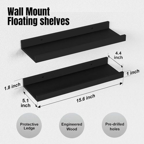 Boswillon Floating Shelves - Modern Black Wall Mounted Set of 2 for Stylish Storage & Display