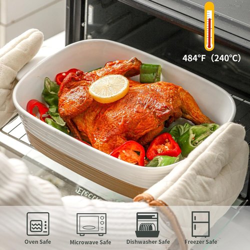 Hasense Ceramic Baking Dish - Non-Stick Lasagna Pan with Handle | 11.8x8.7 Inches, 3.4 Qt, White