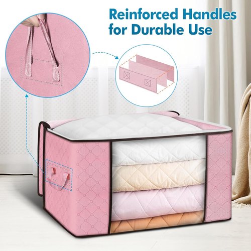 Budding Joy 90L Large Storage Bags - 6 Pack Foldable Closet Organizers for Blankets & Pillows | Pink