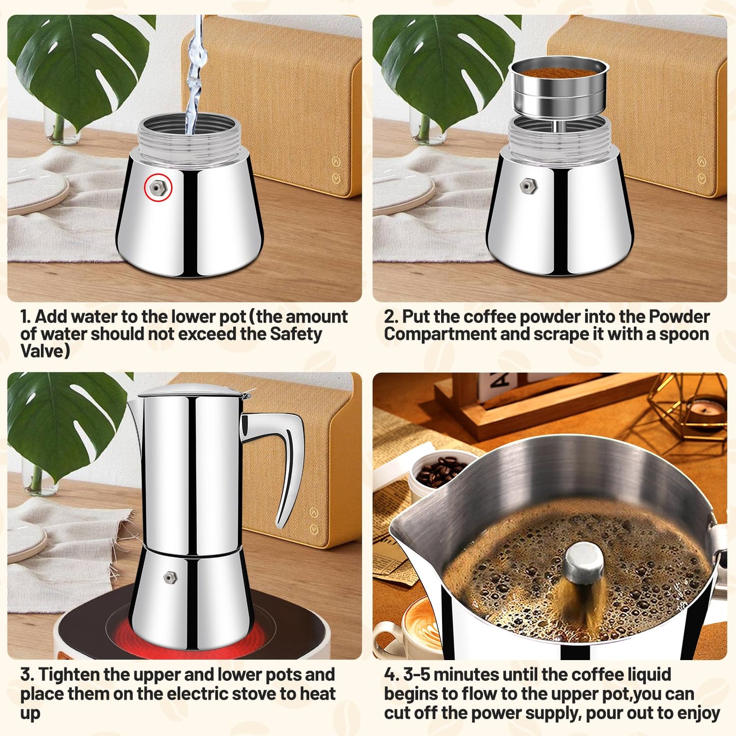 Vaolvpant No Coating 4 Cup Thickened 304 Stainless Steel Moka Pot Stovetop Espresso Maker Italian Coffee Machine 200ml 6.8oz Suitable for Gas Induction Stovetop Greca Coffee Maker Percolator