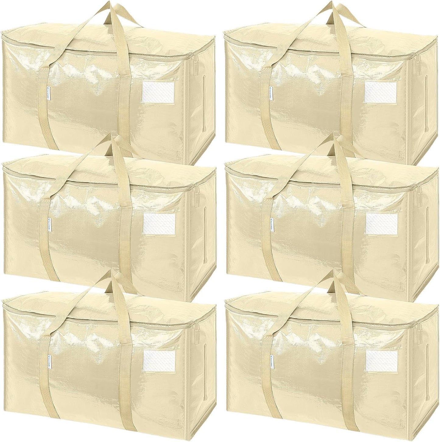 TICONN Extra Large Moving Bags - Heavy Duty Storage with Zippers & Handles | 6 Pack, Cream Color