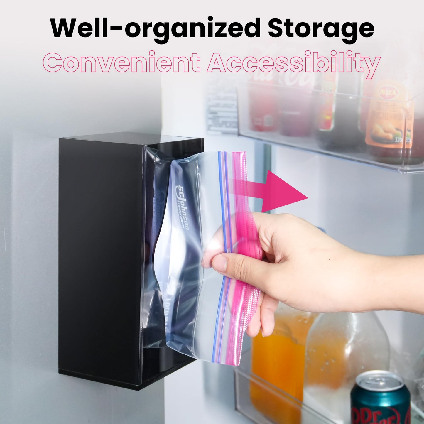 LUVCOSY Acrylic Food Bag Storage Organizer Magnetic Fridge Attachment Compatible with Ziploc 1 Gallon, Dispenser for Ziploc Bags, Kitchen Organization and Storage Solution, 1 Pack