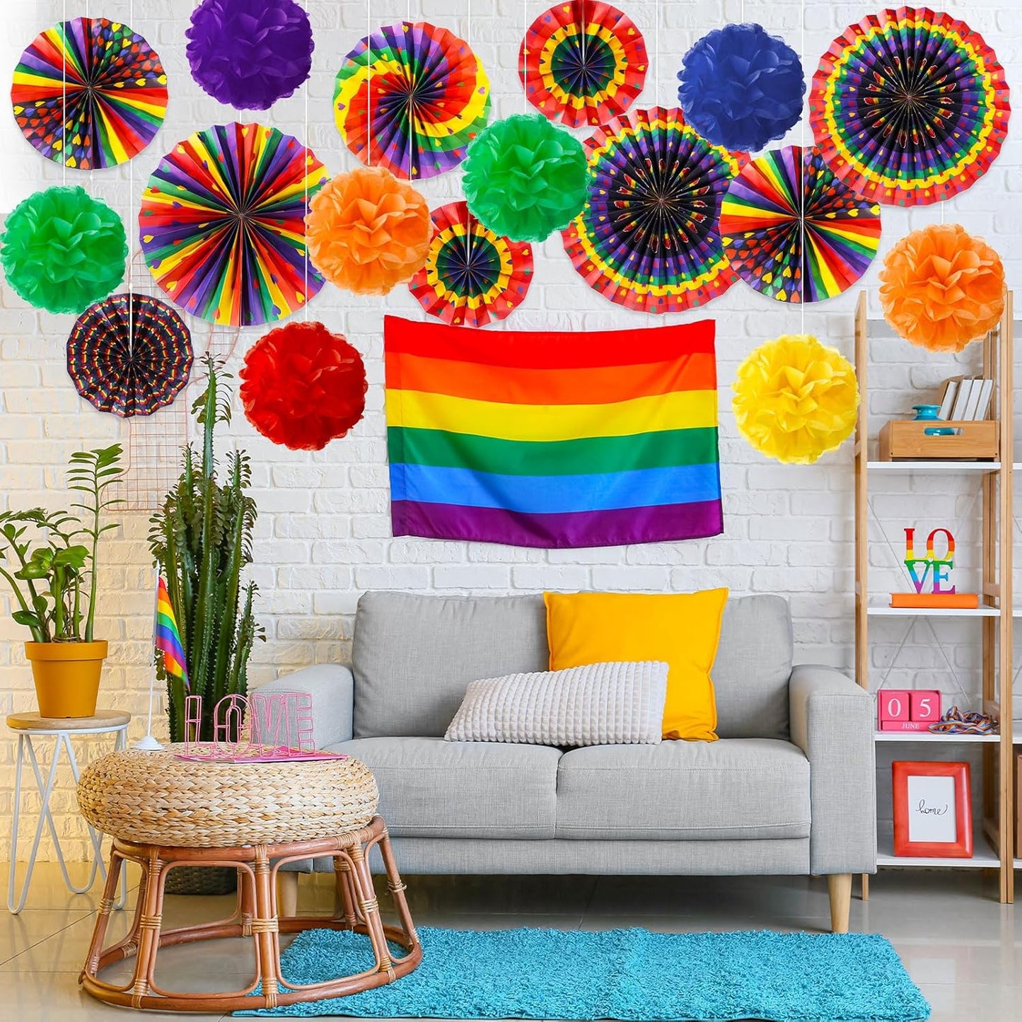 Outus Rainbow Love Heart Paper Fans - 21 Pcs Gay Pride Decorations for LGBT Celebrations