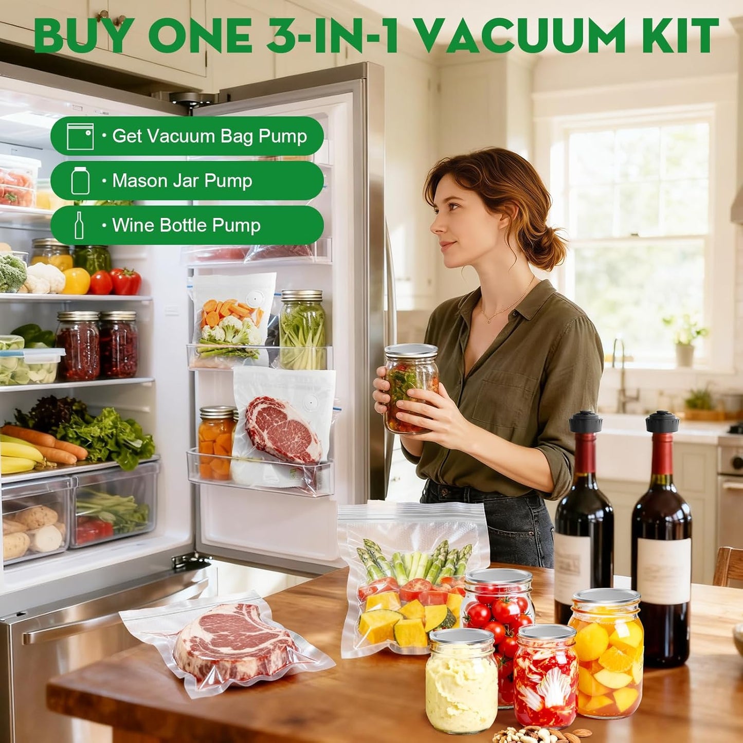 Skiennix 3-in-1 Vacuum Sealer - Compact Handheld Food Saver with 14 Reusable Bags | Versatile for Jars & Bottles