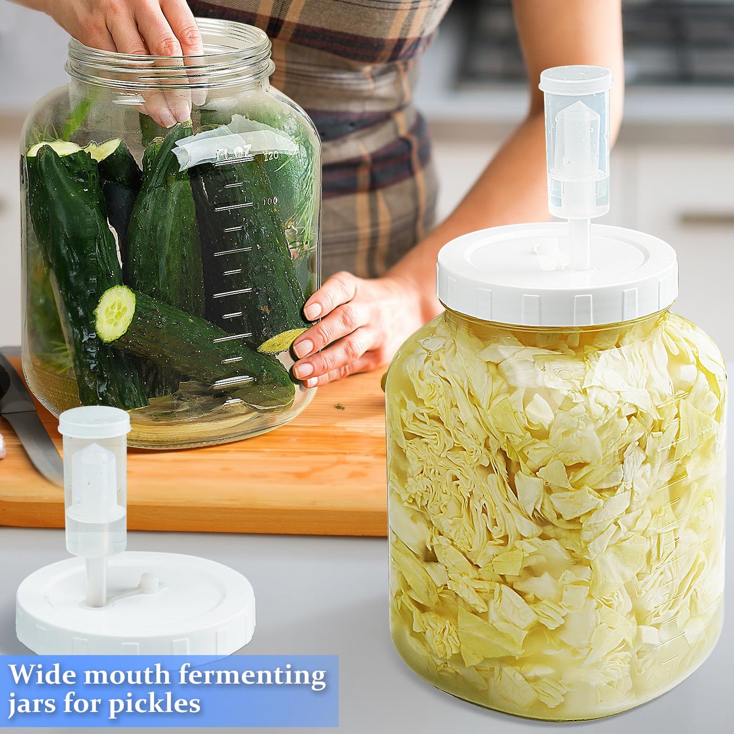 Folinstall 2 Pack 1 Gallon Large Fermentation Jars w 2 SCREW Lid and 3 Airlock - 100% Airtight Lid, Wide Mouth Glass Jar, Pickle Jar w Scale Mark for Sourdough Starter
