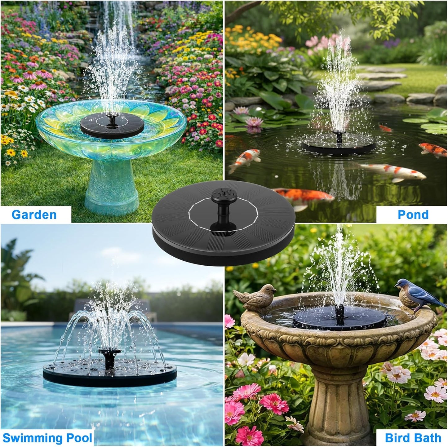 Skiennix Solar Fountain - Floating Water Pump with 6 Nozzles & 4 Fixed Pipes for Bird Baths, Gardens, Ponds, Pools