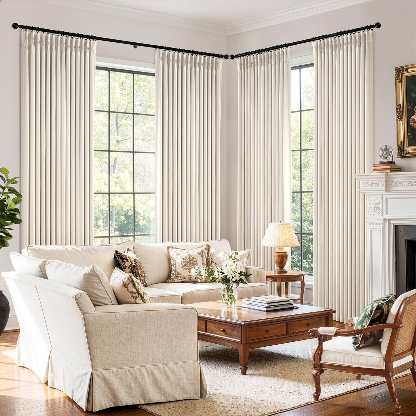 MIULEE 100% Blackout Curtains - 96 Inch Long, Thick Linen, Thermal Insulated, Birch | 4 Panel Set for Bedroom & Living Room