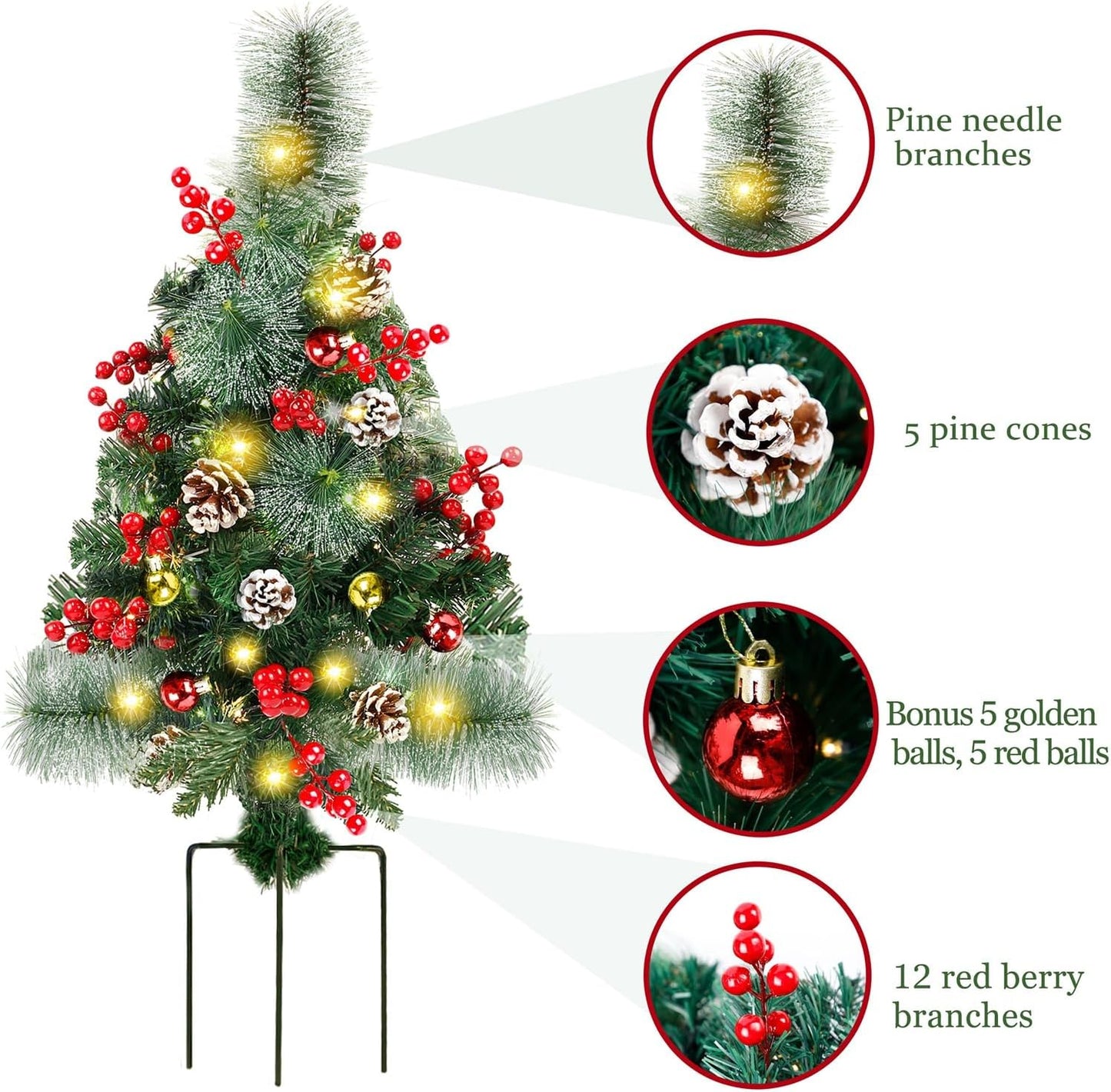 Juegoal 30-Inch Pre-Lit Pathway Christmas Trees - 2 Pack with 60 LED Lights & Ornaments | Battery Operated Holiday Décor
