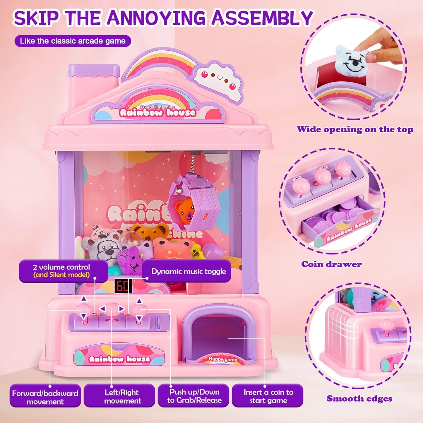 Skiennix Mini Claw Machine - Electric Arcade Game Toy with LED Lights & Adjustable Sound | Pink, Perfect for Kids Ages 4-13