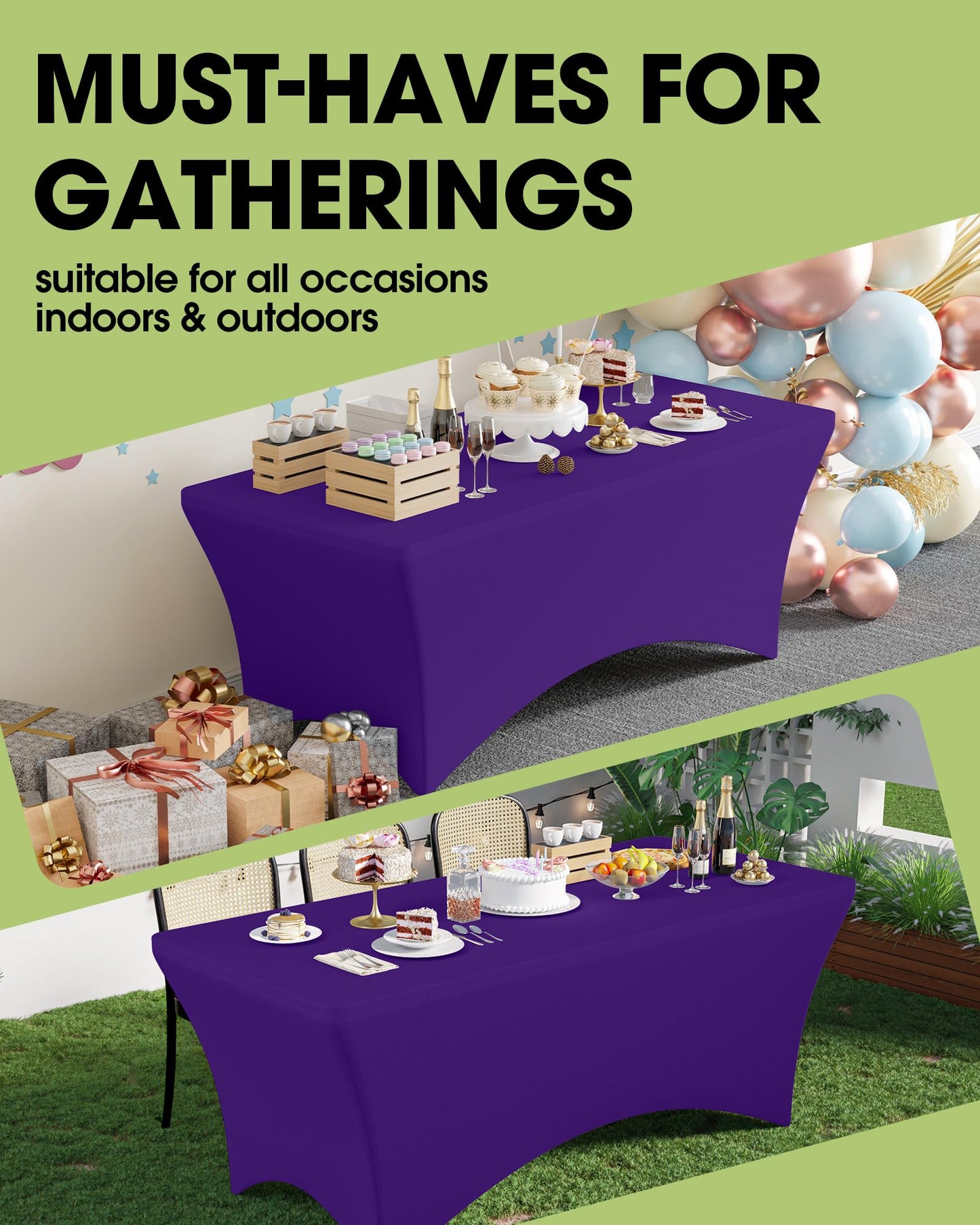 Pureegg Spandex Tablecloth 6ft - 2 Pack, Fitted and Tight Cloth for Rectangle Table, Wrinkle-Free and Stretch Table Cover for Party, Wedding, Banquet and Birthday, Purple
