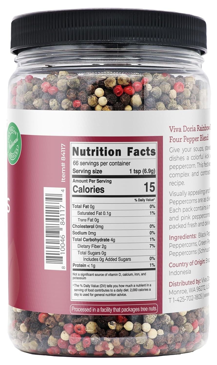 Viva Doria Rainbow Blend Peppercorn - Steam Sterilized Whole Black, Green, Pink & White - 16 Oz