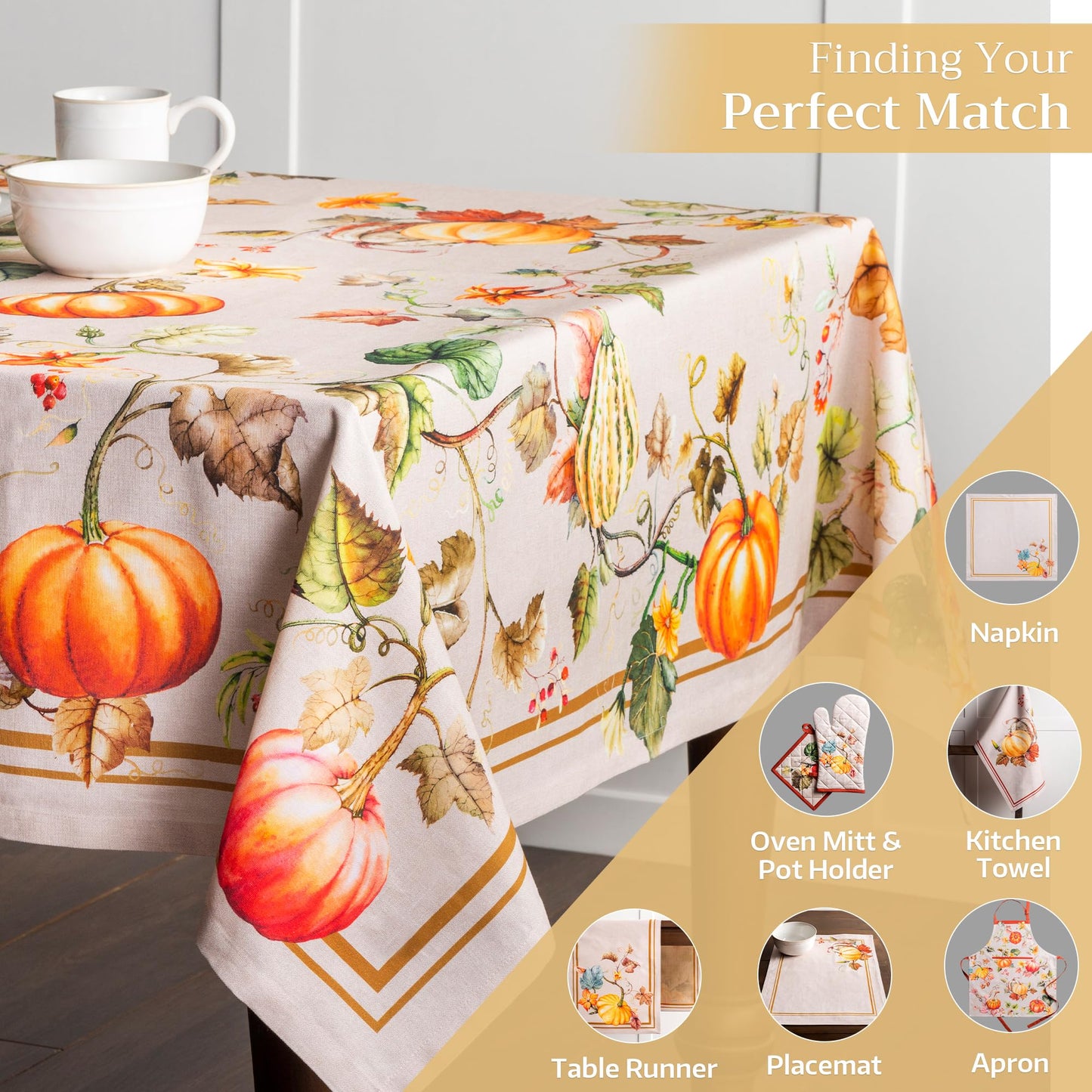 Maison d' Hermine Table Cloth Rectangle Table 100% Cotton 60 x 90 Inches Fall Tablecloth Reusable Everyday Use for Thanksgiving Christmas Decorations Dining Farmhouse Party (Potiron)