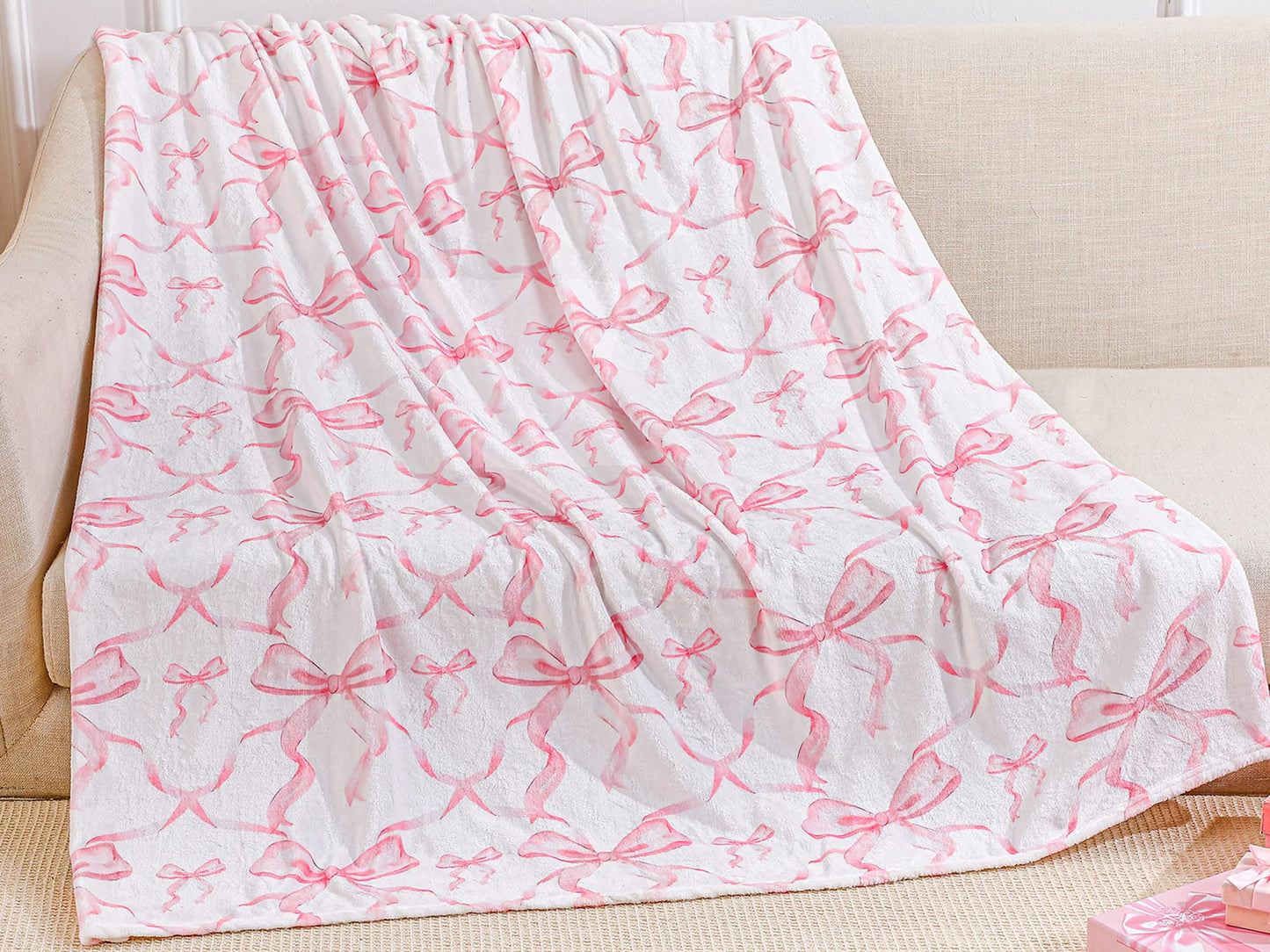 Buryeah Pink Bow Throw Blanket 50"x60" Ultra Soft Flannel Coquette Aesthetic Blanket for Girls Women Preppy Room Decor for Bed Sofa Spring Wedding Mother's Day Graduation Back to School Gift