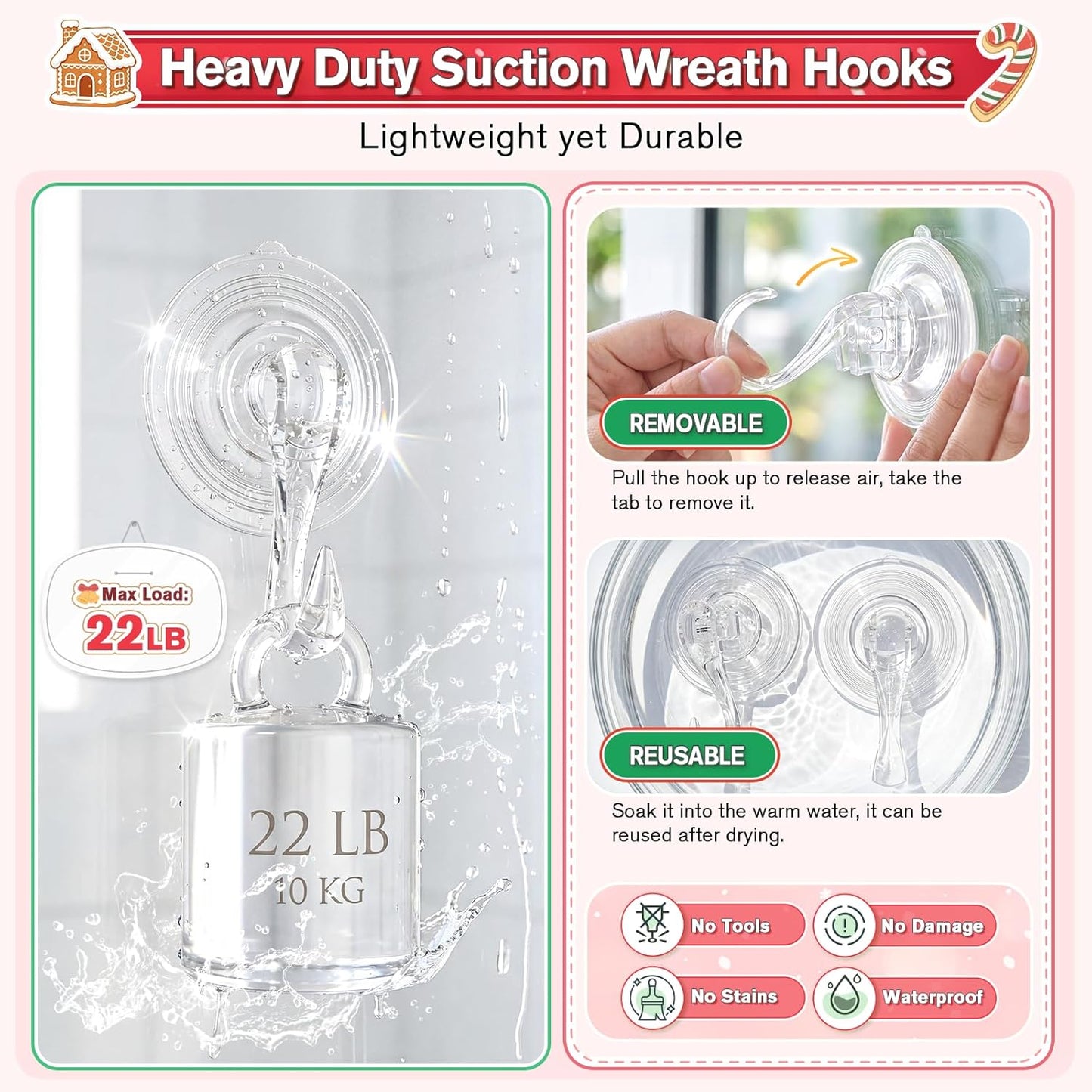 VIS'V Wreath Hanger - Heavy Duty Suction Cup Hooks, 22 LB Capacity, Clear, 2 Pack, Removable & Reusable