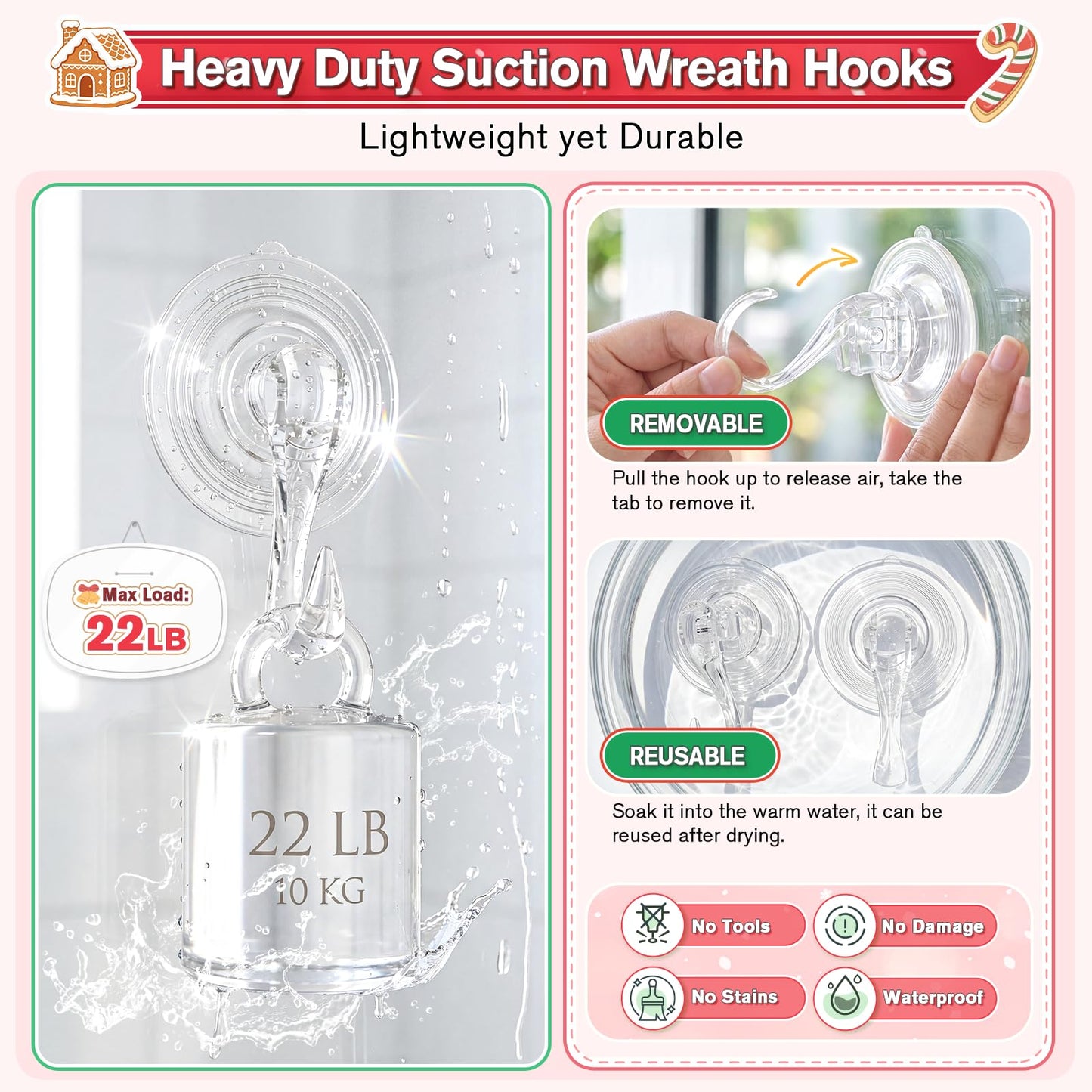 VIS'V Wreath Hanger, Large Suction Cup Wreath Hooks with Wipes, Heavy Duty, 22 LB Capacity, Removable and Reusable, Clear, 8 Pcs