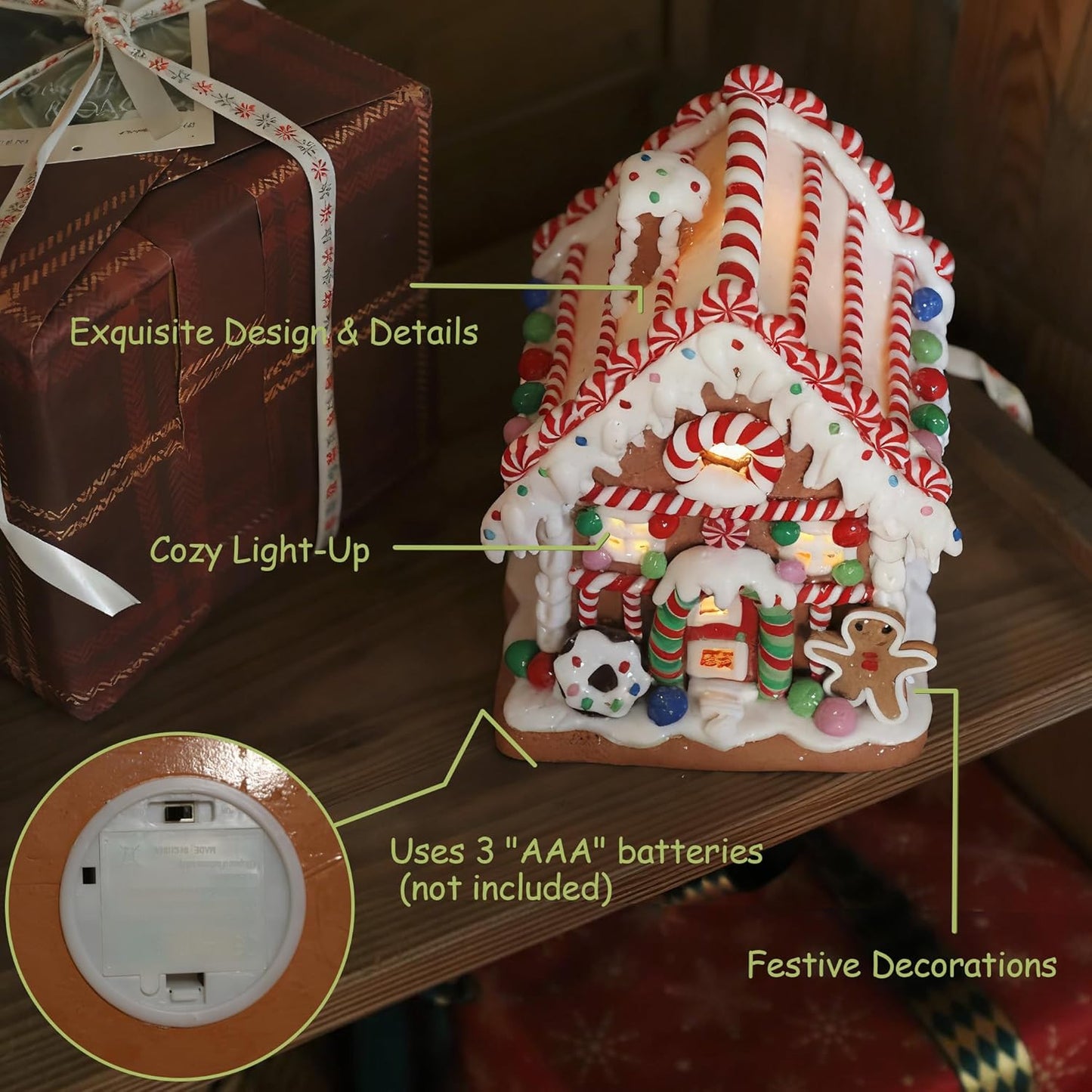 Skiennix Gingerbread House Decoration - Battery-Operated Light-Up Christmas Village Figurine | Handmade Style 1