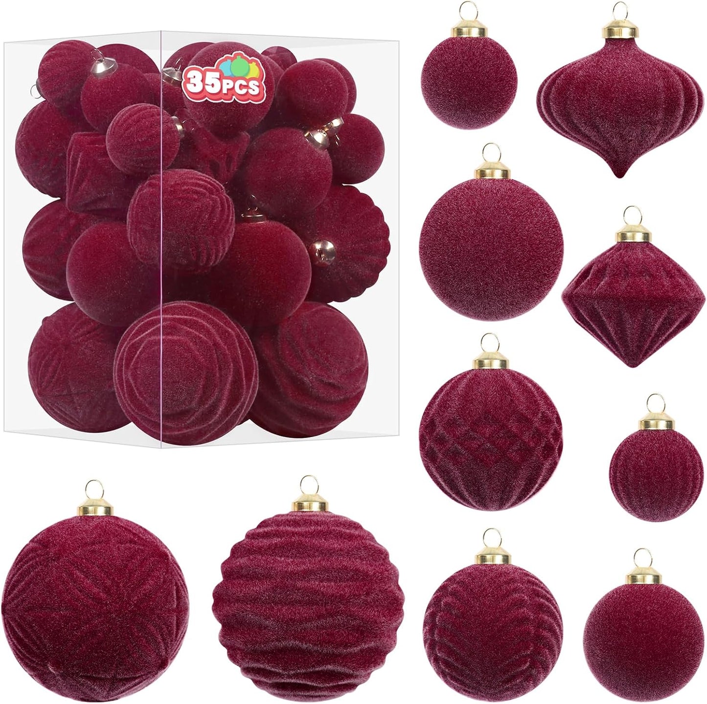 Skiennix Velvet Christmas Ornaments Set - 35PCS Flocked Shatterproof Hanging Decorations | Burgundy