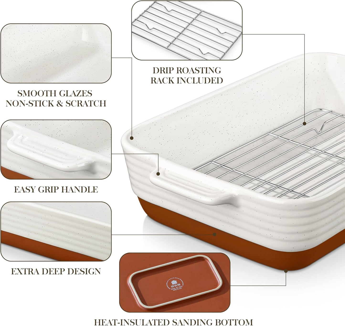 MALACASA 4.8 Qt Ceramic Baking Dish - Deep Roasting Pan with Stainless Steel Rack & Handles | Khaki & White