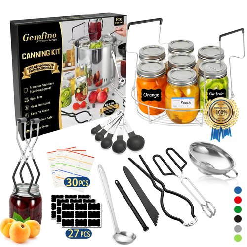Gemfino Canning Supplies Starter Kit with Canning Rack,Canning Kit for Beginners 11 Pcs, Jar Lifter, Funnel, Wrench, Tongs, Lid Lifter, Bubble Popper, Labels, Ladle, Measuring Spoon - Black