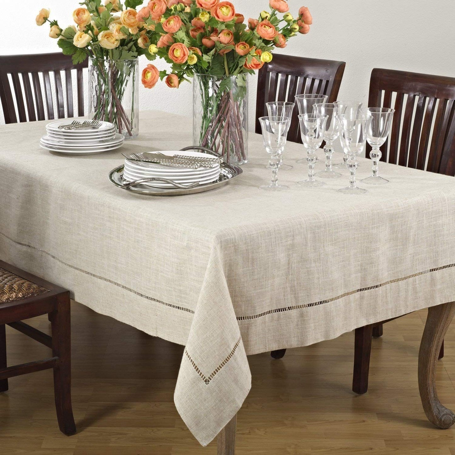 Fennco Styles Handmade Hemstitch Design Natural Tablecloth. One Piece (80" Square)