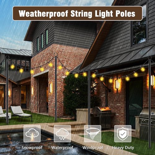 AILBTON 10Ft String Light Poles - 4 Pack Outdoor Metal Stands with Fence Brackets for Deck & Patio