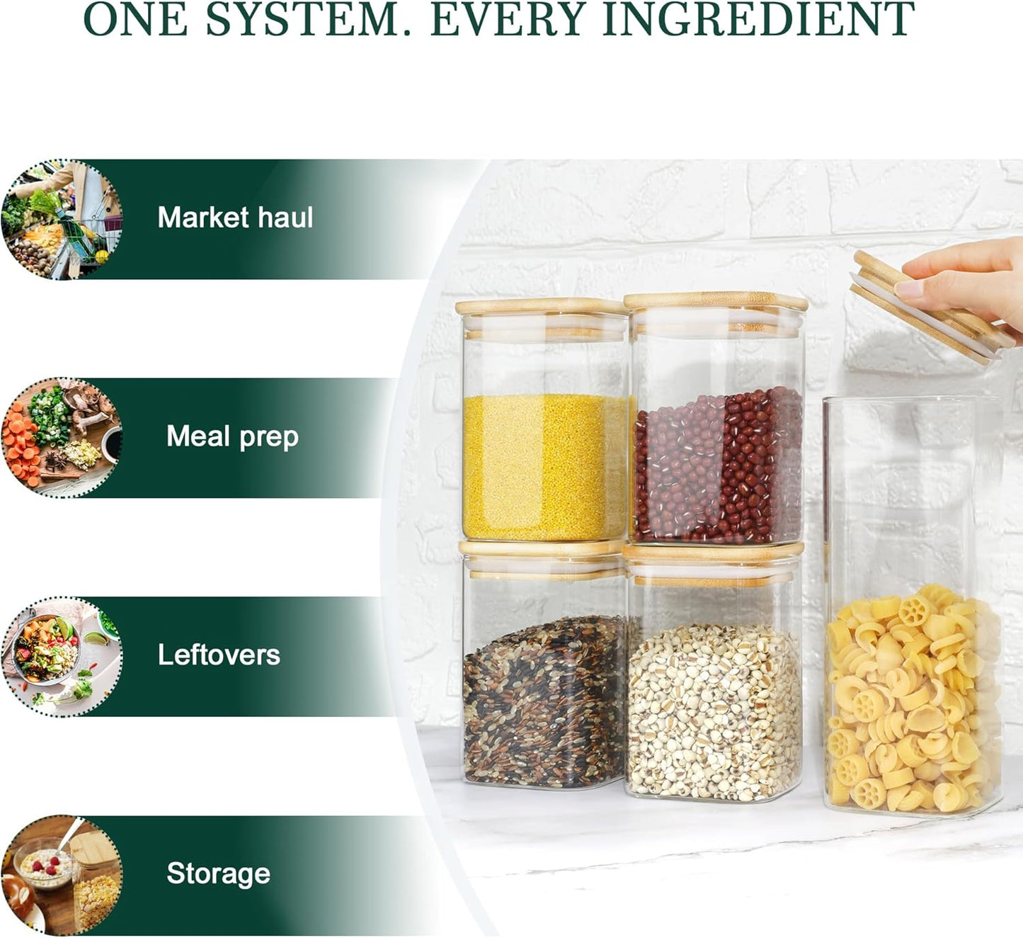LIBWYS Square Glass Storage Jars - 12-Pack with Bamboo Lids | Stackable Food Containers for Pantry Organization (0.6Qt/1.06Qt)