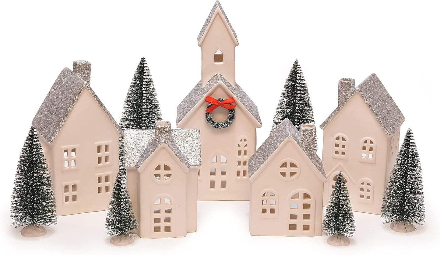 Mark Feldstein & Associates Silver Rooftopped Village - 16-Piece LED Holiday Figurine Set, 11 Inch