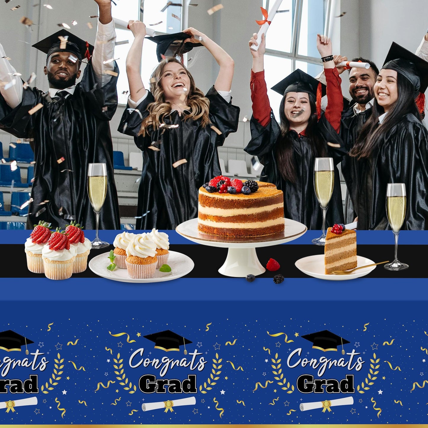 Childom 2 Pack Graduation Tablecloth,Graduation Decorations Class of 2026 Graduation Party Decorations,54"x108" Blue and Gold Plastic Table Cloth Disposable Rectangle for Home,School,Party Supplies