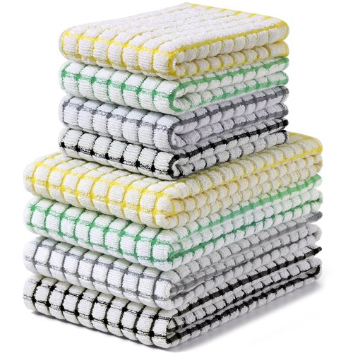 Homaxy Kitchen Towels and Dishcloths Set, 16 x 25 and 12 x 12 Inches, Set of 8 Cotton Terry Kitchen Dish Towels, Super Soft and Absorbent Dish Cloths, Black/Grey/Yellow/Green