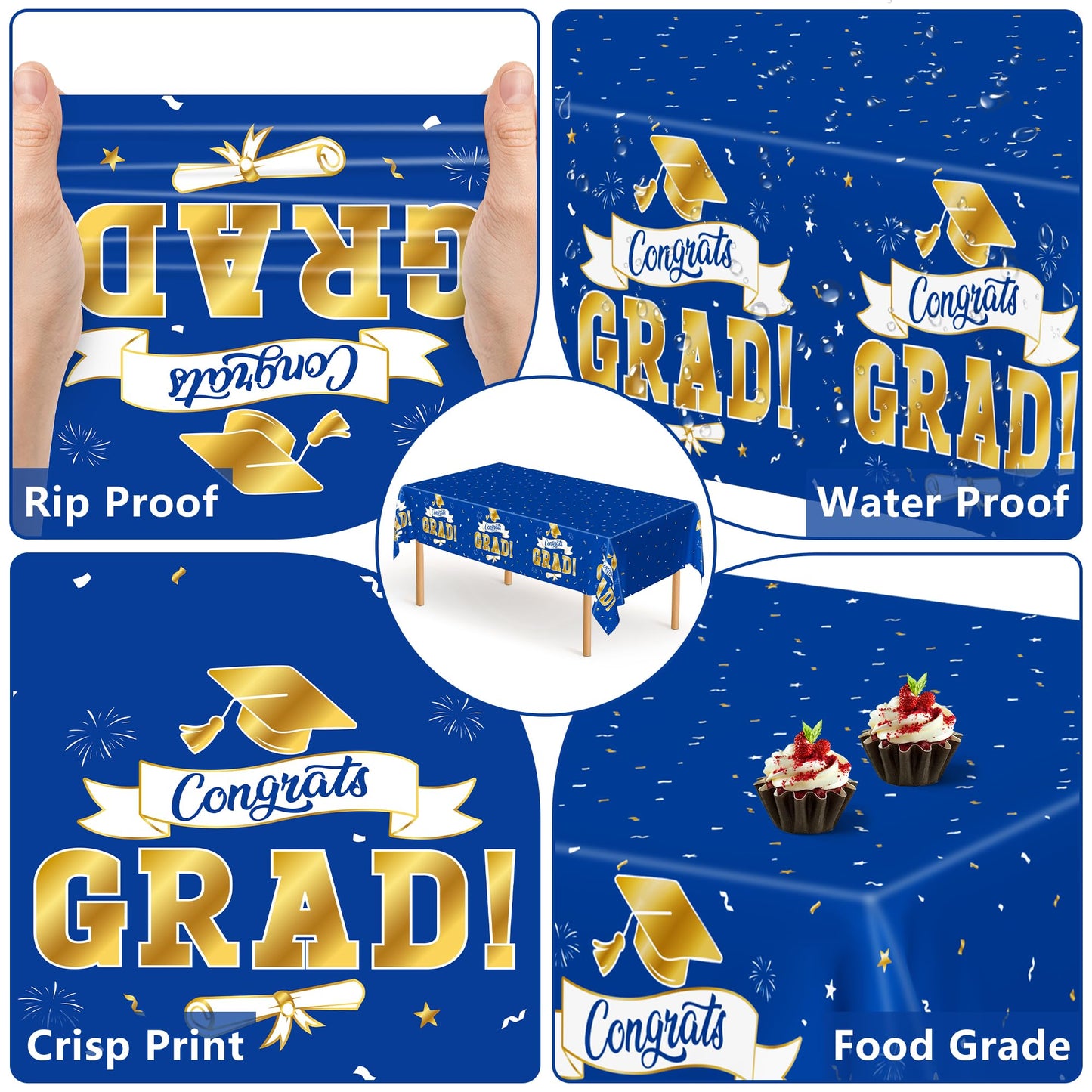 QZYL 2Pack 2026 Graduation Decorations, 108" X 54" Graduation Tablecloth, Bluegold Disposable Table Cloths for Grad Party Favors Supplies, Rectangle Plastic Tablecover for Class 2026 Congrats Grad
