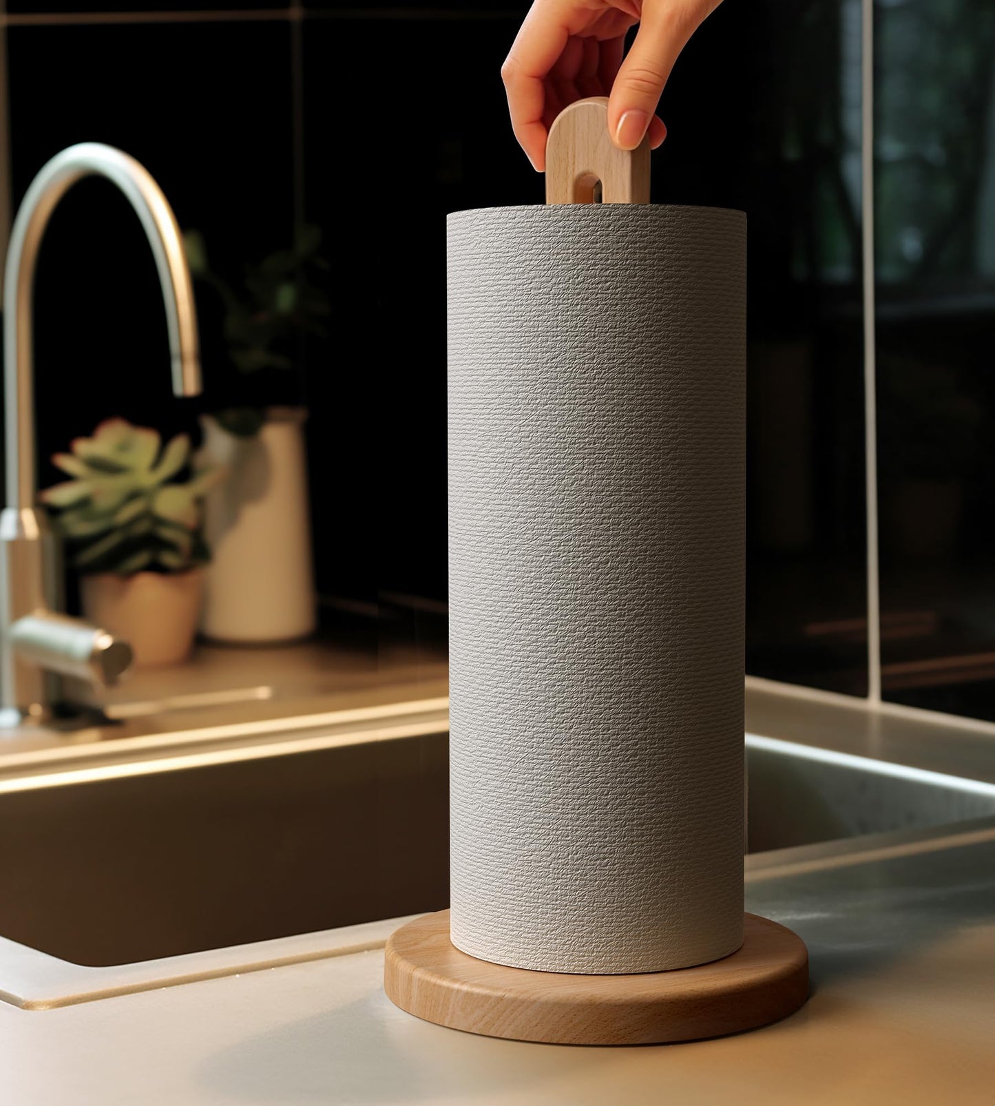 KitchLife Wooden Paper Towel Holder Countertop, Fits Jumbo Roll, Solid Freestanding Beech Wood Light Wood Paper Towel Dispenser Stand with Non-Slip Base