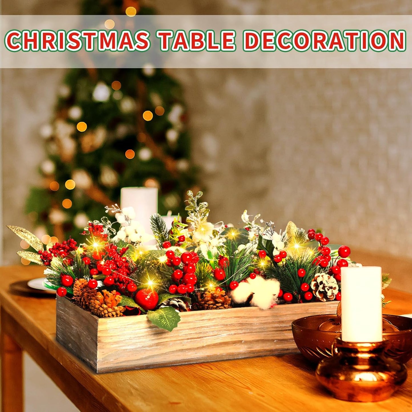 Leinuosen Christmas Table Centerpieces - 30 Pcs Floral Berry Rattan Garland with LED Lights