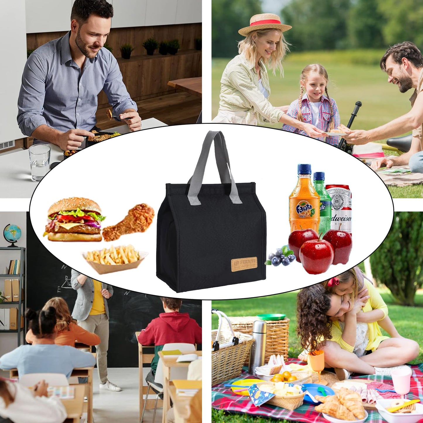 FERNYE Lunch Bag for Women/Men,Waterproof Reusable Portable Lunch Tote,Lunch Box Bag.Thermal Cooler Bag Ideal for Work/Party/l/Travel/Picnic (Light Black)