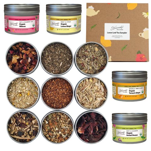 Heavenly Tea Leaves Organic Herbal Loose Leaf Tea Sampler Gift Set (Approx. 90 Cups) - 9 Flavor Variety Pack, Naturally Caffeine Free Tisanes, Assorted Herbal Teas, Hot or Iced