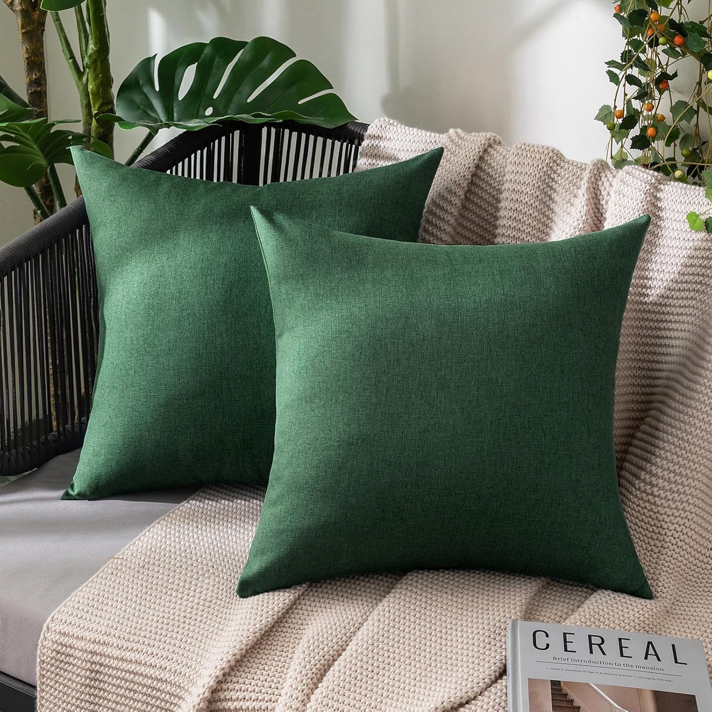 MIULEE Decorative Outdoor Throw Pillow Covers - Waterproof Faux Linen Cushion Cases | 16x16 Inch Emerald Green (Pack of 2)