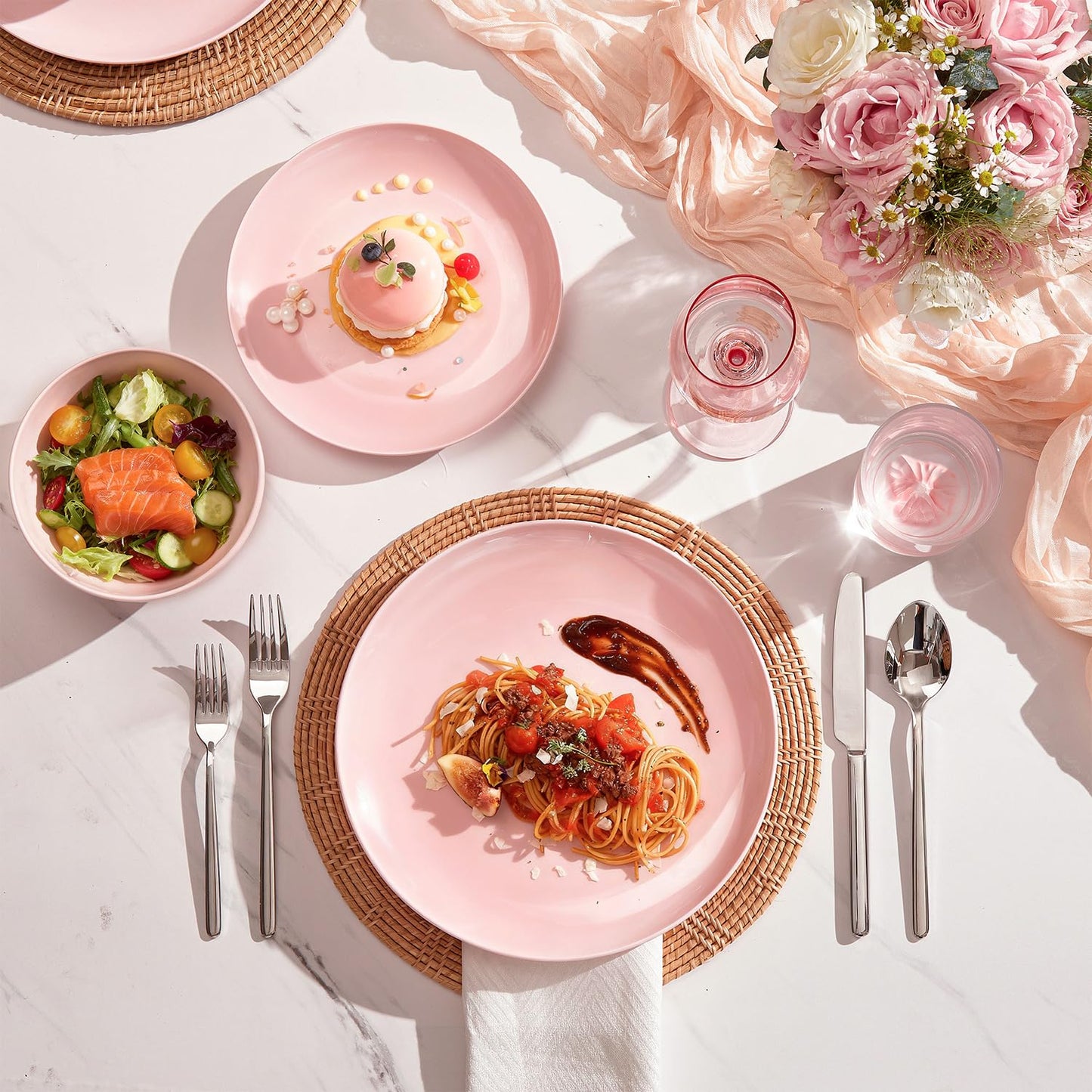 KINGSTONE 12-Piece Bone China Dinnerware Set for 4, Lightweight Porcelain Round Plates and Bowls Set, Durable Scratch Resistant Ceramic Dinner Set, Microwave & Dishwasher Safe, Sakura Pink