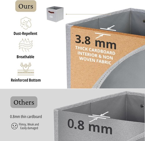 DECOMOMO Storage Baskets - 13x15x13 Cube Bins with Labels for Organized Shelves | 4-Pack, Light Grey