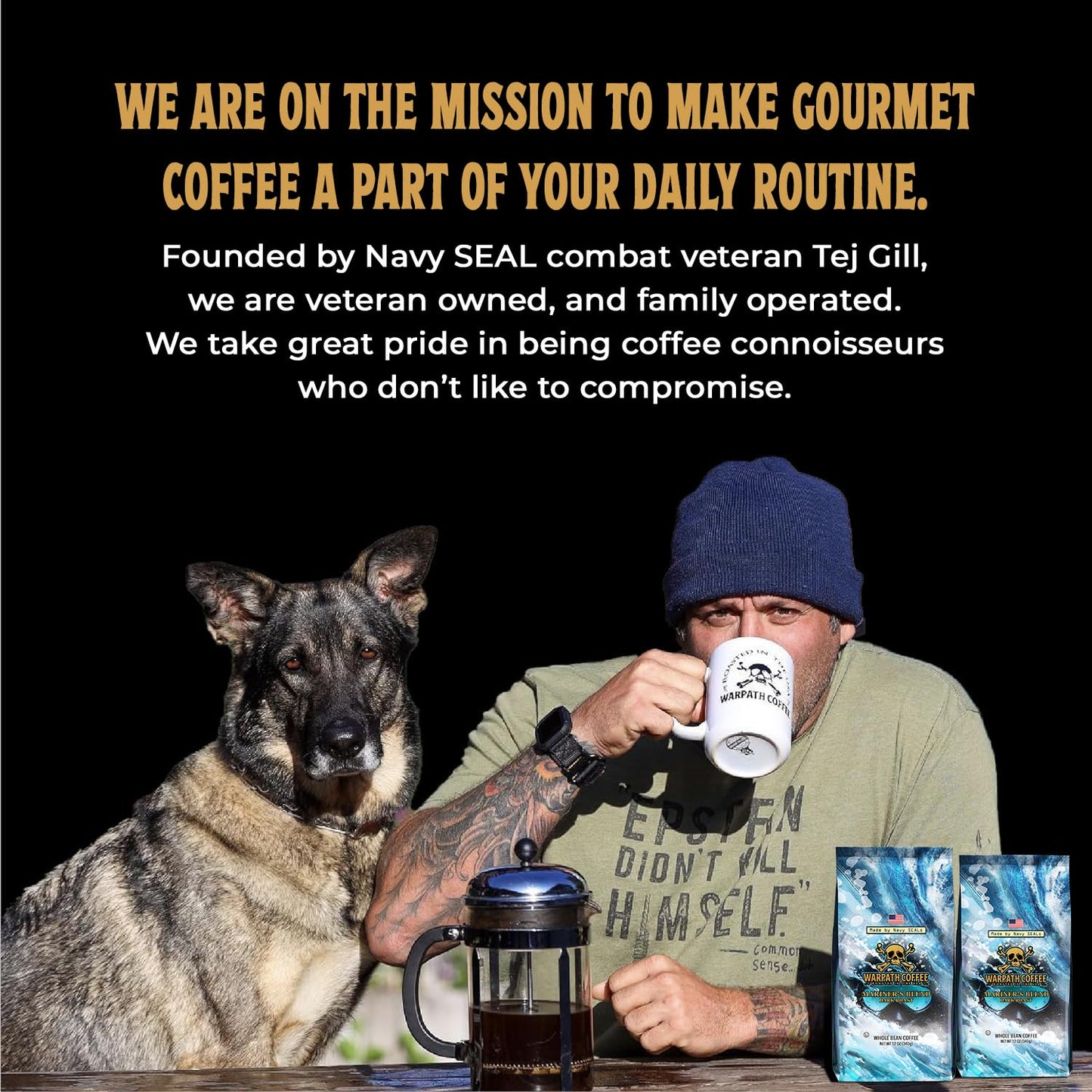 Warpath Coffee Dark Roast Whole Bean Coffee, Mariner's Blend, High Caffeine, Extra Strong Roasted 100% Arabica Coffee Beans Whole, Rich Aroma, Full-Bodied Intense Cup, Created by Navy SEALs, 12oz