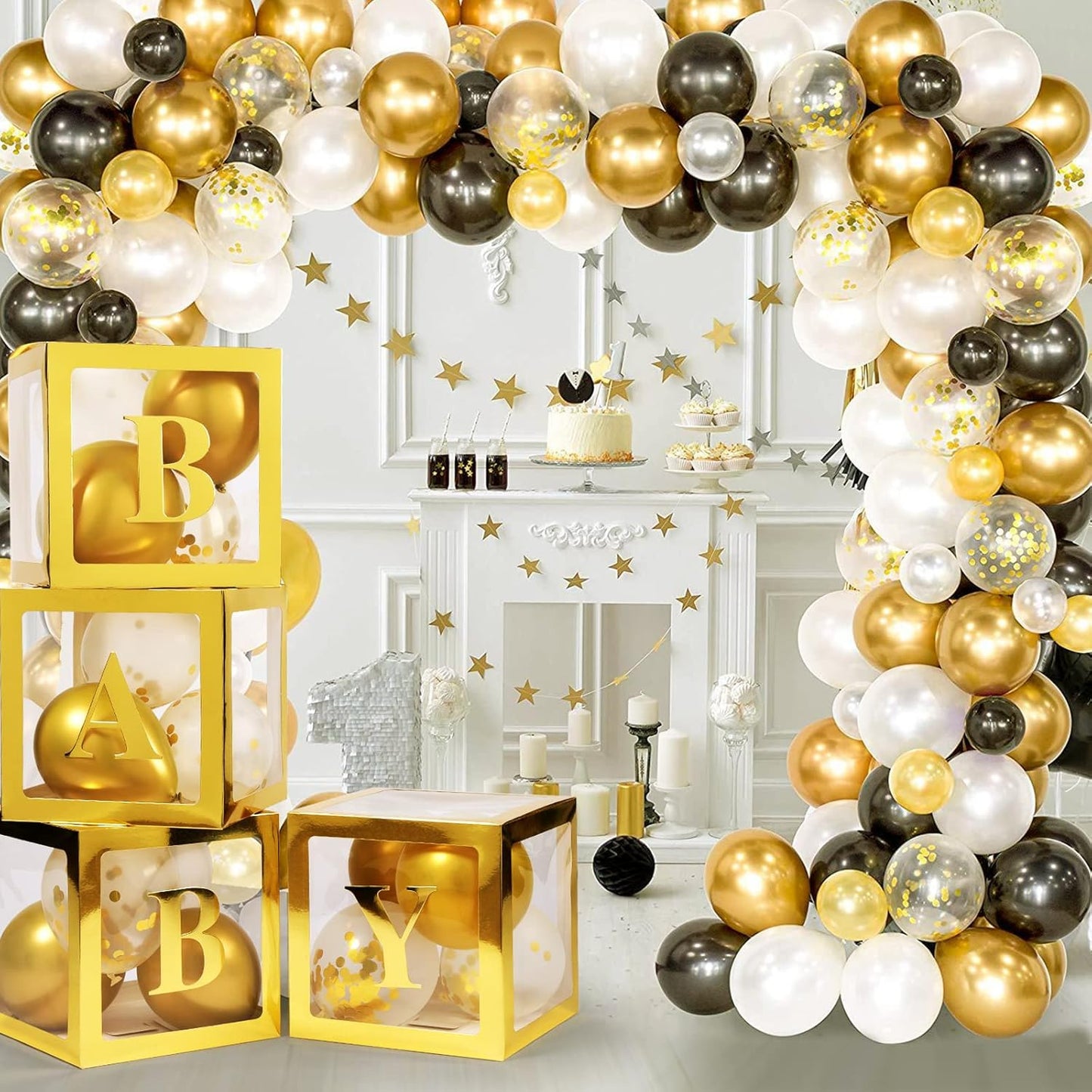 Voircoloria Baby Boxes - 4 Transparent Balloon Boxes with Letters for Baby Shower & Gender Reveal (Gold)