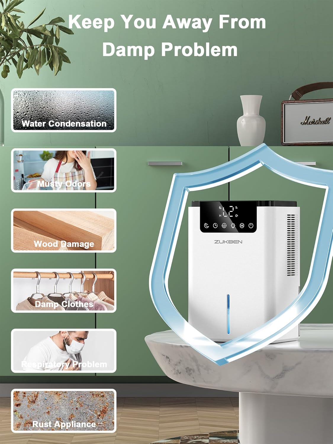 Skiennix Dehumidifier - 75 OZ Water Tank for Home | Quiet 500 sq.ft Unit with 12H Timer & LED Light