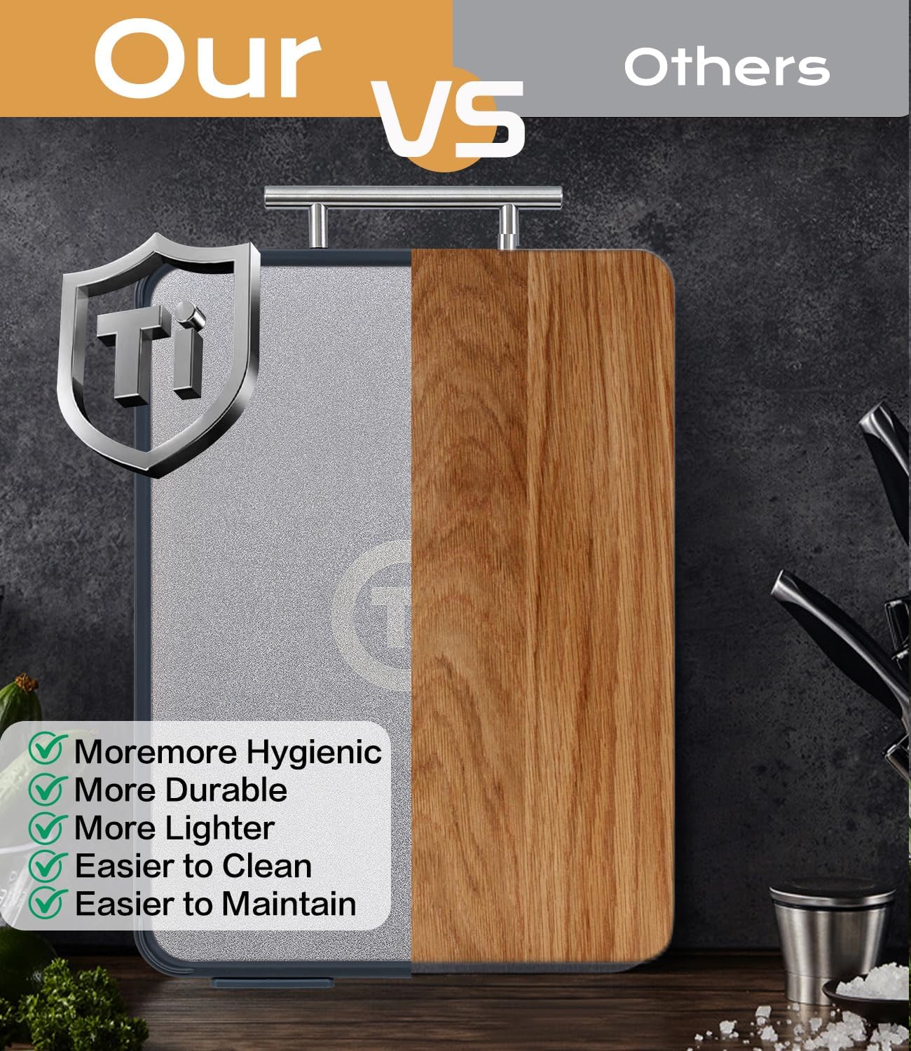Titanium Cutting Board - Double-Sided Food-Grade Board with Stand | Textured Titanium for Meat, PP for Veggies (14.5”×11”)