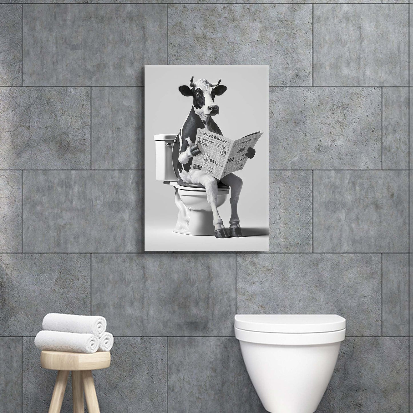 Animal Bathroom Wall Art Decor: Funny Cow Canvas Picture Black and White Bathroom Print Artwork Fun Animal on Toilet Painting for Home Restroom Farmhouse