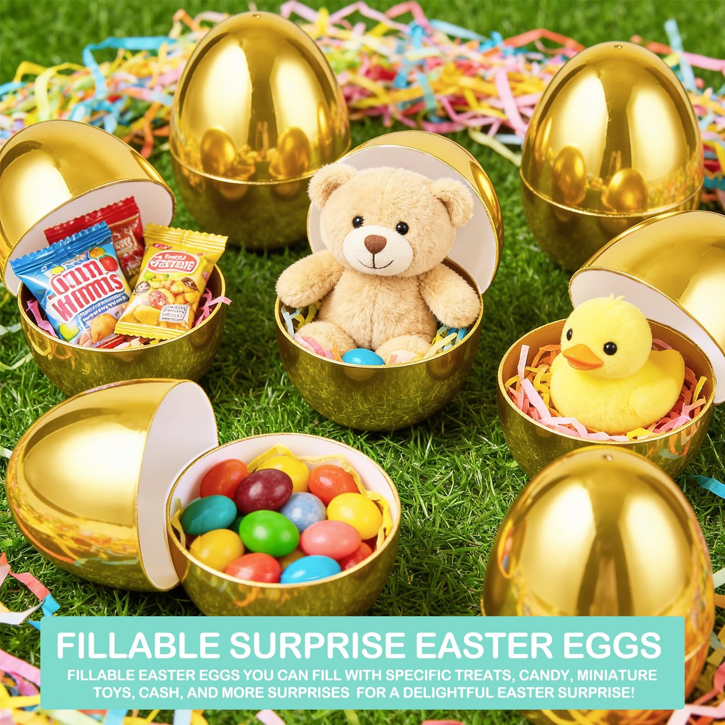 TURNMEON 24 Pack Golden Easter Eggs Empty, 2.36" Shiny Metallic Plastic Easter Eggs Fillable Surprise Gold Eggs for Easter Egg Hunt Fillling Candy Treats Toys Basket Stuffers Classroom Prize Supplies