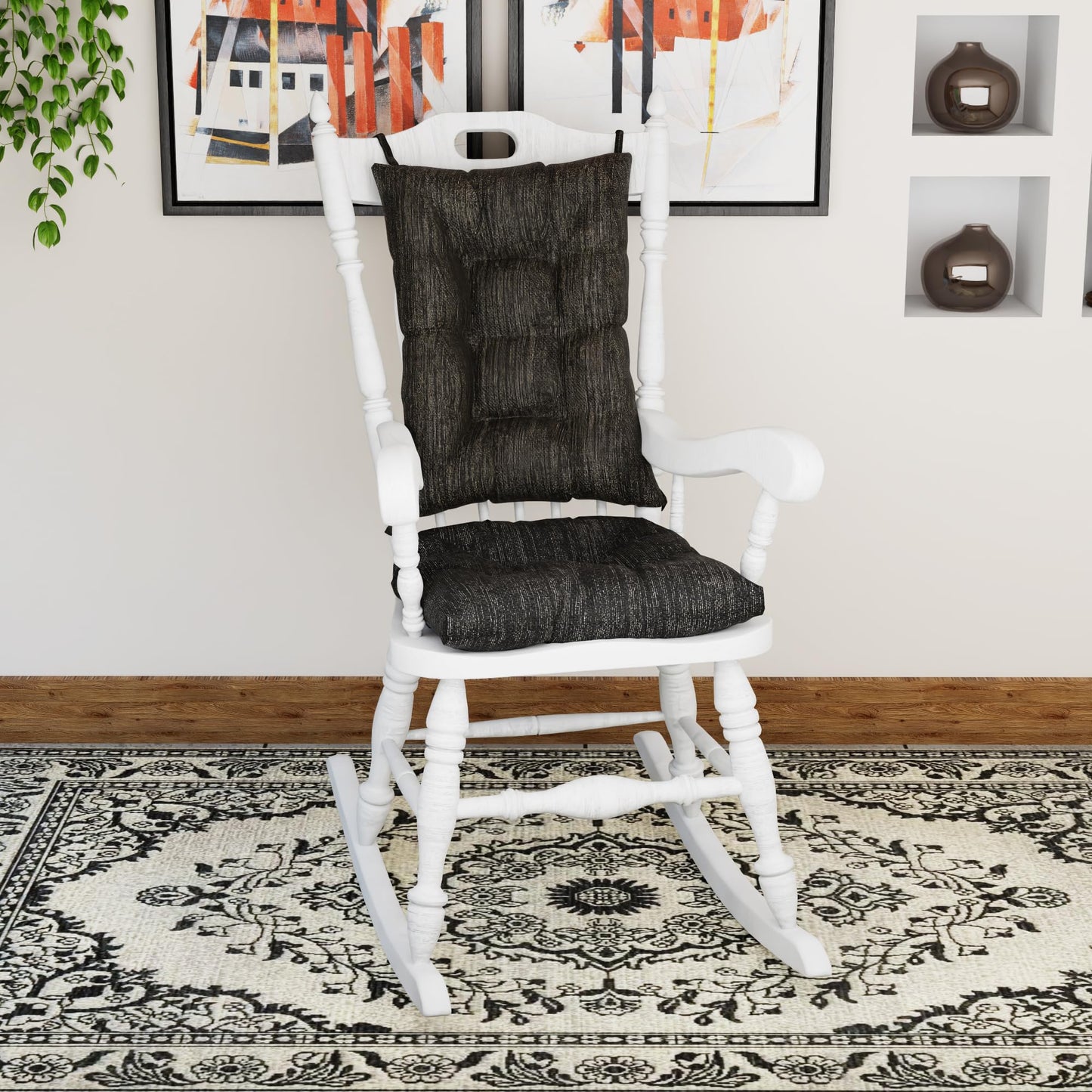Klear Vu The Gripper Non-Slip Rocking Chair Cushion Set with Thick Padding, Includes Seat Pad & Back Pillow with Ties for Indoor Living Room Rocker, 17x17 Inches, 2 Piece Set, Black
