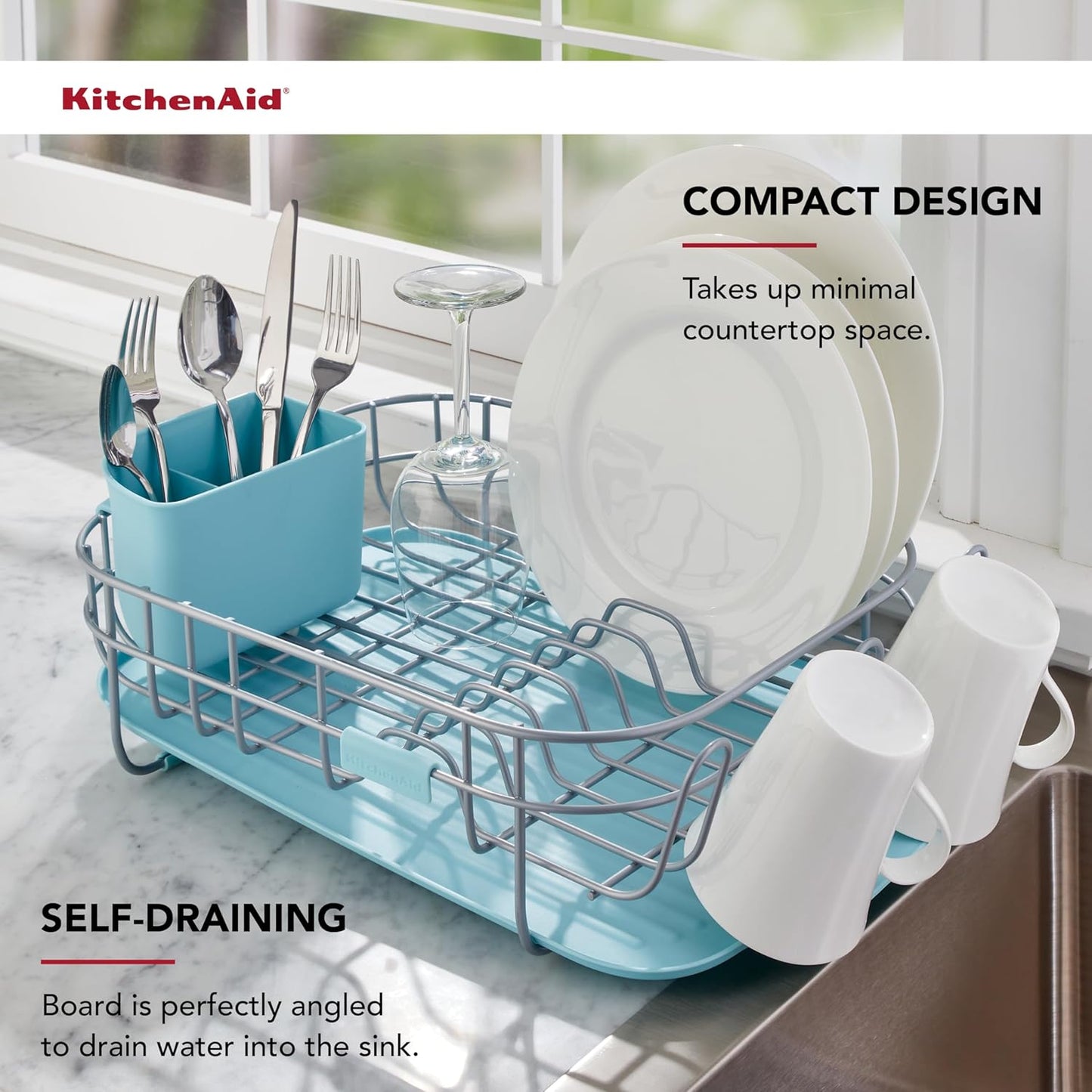KitchenAid Low Profile Compact Dishrack - Removable Flatware Caddy & Self-Draining Board | Rust Resistant, 12.59 x 17.55 x 6.29 Inch, Mineral Water