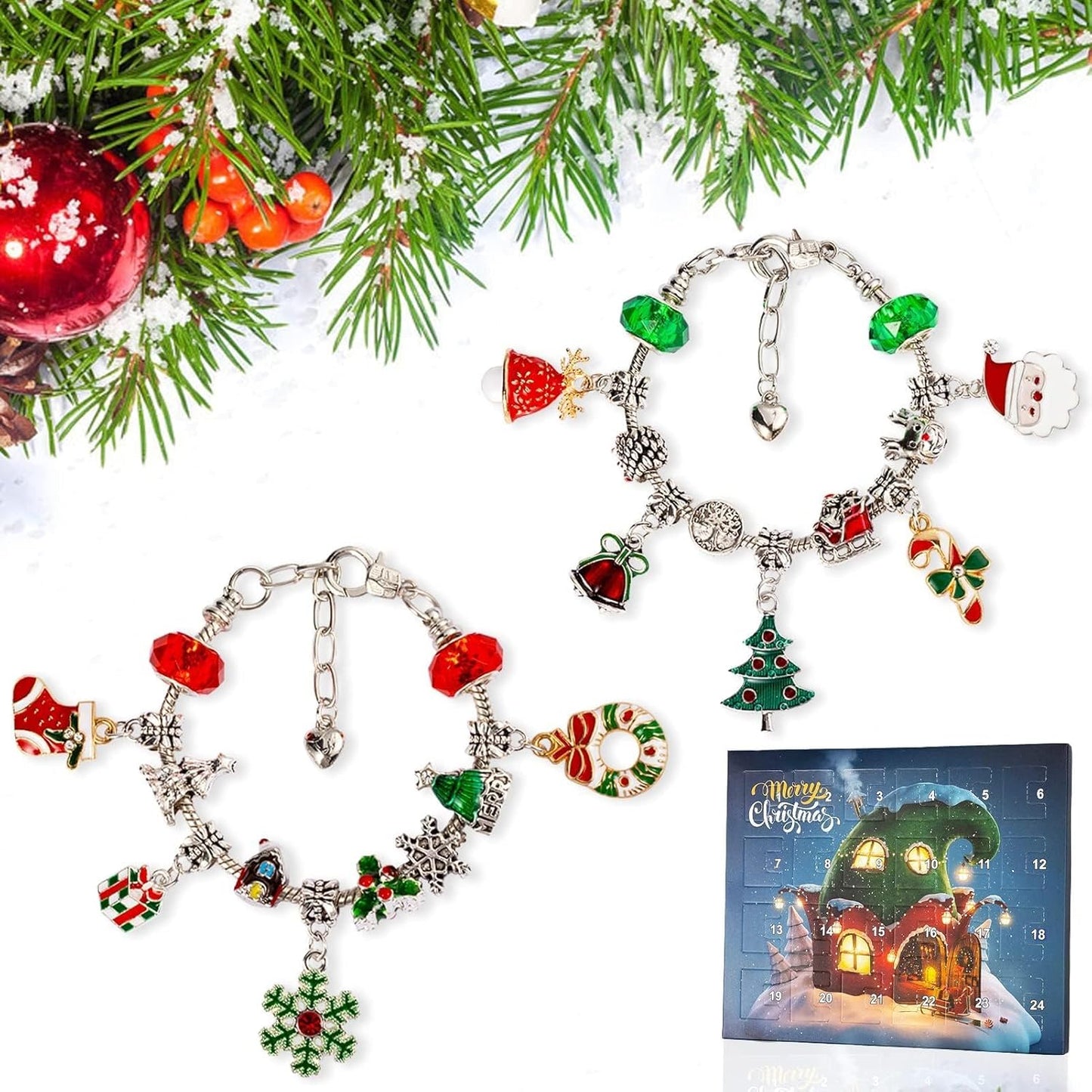 Skiennix Christmas Advent Calendar Bracelets - 24-Day DIY Jewelry Kit with 22 Charms & 2 Bracelets for Girls & Teens