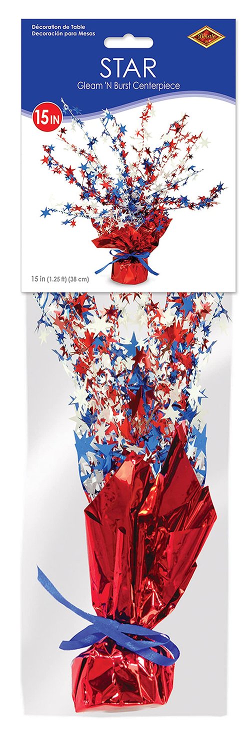 Beistle Patriotic Star Gleam ‘N Burst Centerpiece, 15” – Metallic USA 4th of July Table Decorations in Red White and Blue