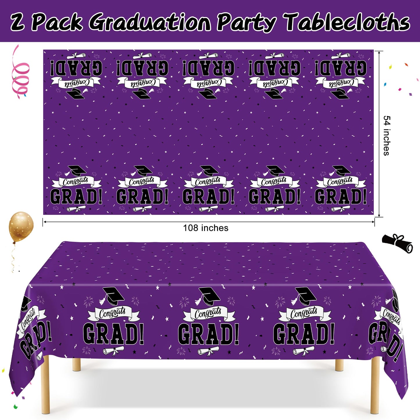 QZYL 2 Pcs Graduation Tablecloth, 108" X 54" Plastic Graduation Decorations 2026, Rectangle Purple Table Cloths for Grad Decor Party Supplies, Disposable Tablecover for Class of 2026 Congrats Grad