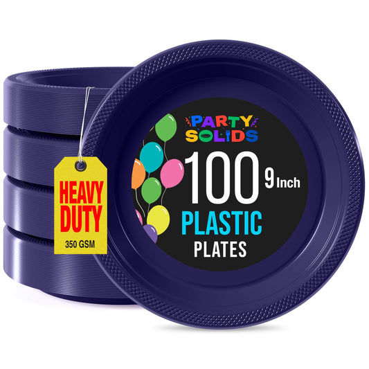 Exquisite Party Solids Navy Plastic Plates For Party 9" Navy Disposable Plates For Party Supplies 100 Pcs Plastic Dinnerware Sets Heavy Duty 350 GSM Disposable Dinnerware Set