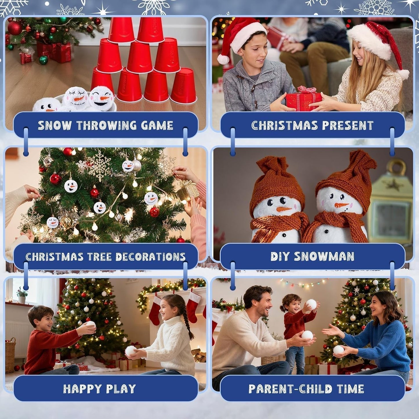Snow Fake Balls - 2.8 Inch Smiling Snowman Face Snowballs | Metal Bucket for Indoor/Outdoor Winter Fun